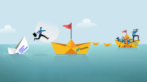 A man with a briefcase hopping from a sinking paper boat to another one