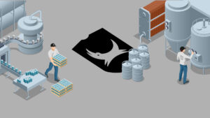 A factory with two people working machinery and the BrewDog logo on the floor