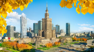 Autumn in Warsaw, top view of the Palace of Culture in Poland
