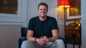 Jake Humphrey sitting with his hands together