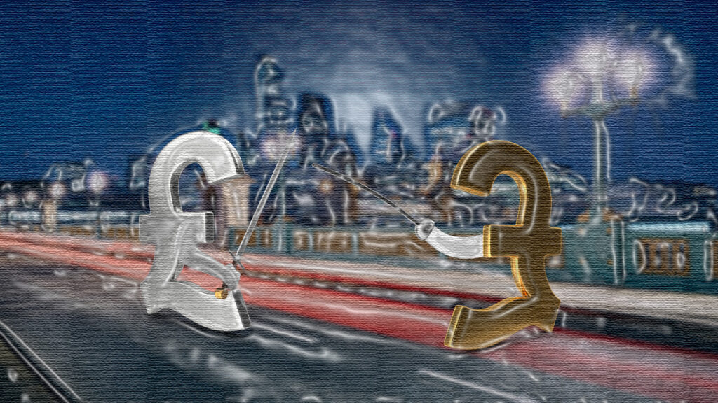 Two pound symbols fight in a street
