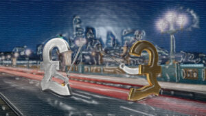 Two pound symbols fight in a street